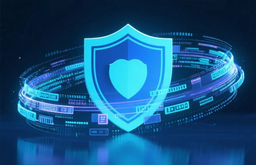 抽象风格展示网络安全防护盾牌，数字流环绕，象征隐私保护和数据安全
